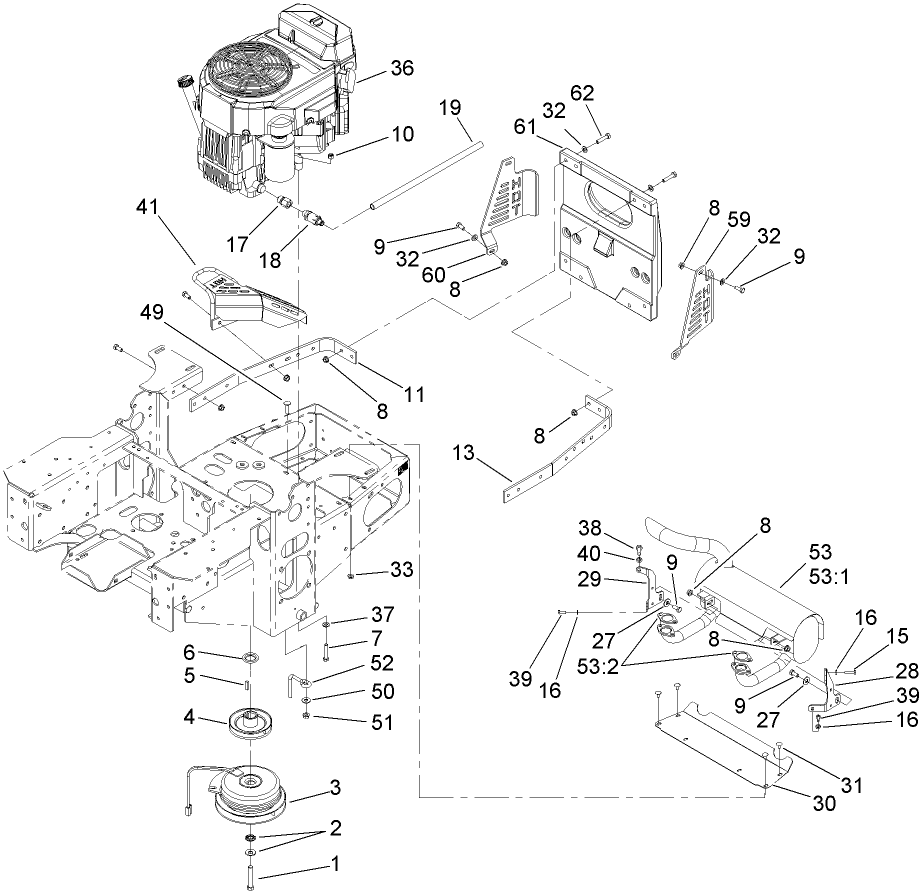 Engine, Clutch And Muffler Assembly Diagram and Parts List for 74442 (270002001-270999999)(2007) Toro Lawn Mower
