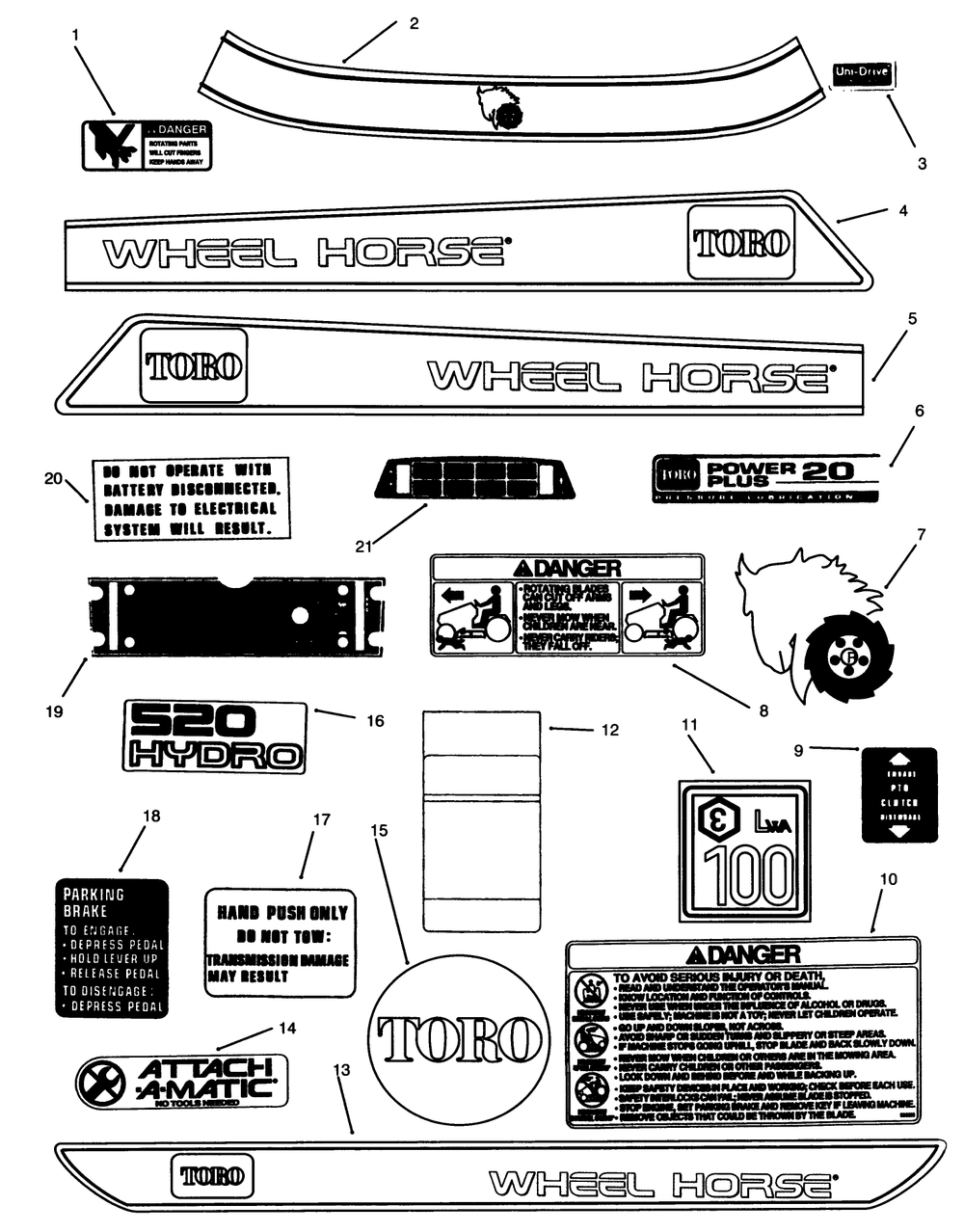 Decals Diagram and Parts List for 73520 4900001 - 4999999 Toro Lawn Tractor