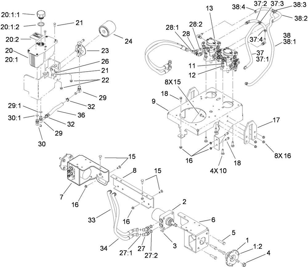 Hydraulic Assembly Diagram and Parts List for 74558 (290000001-290000209)(2009) Toro Lawn Mower