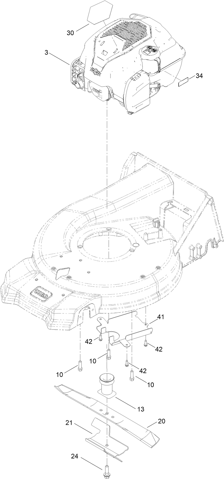 Engine And Blade Assembly Diagram and Parts List for 21693 413000000 - 414499999 Toro Lawn Mower