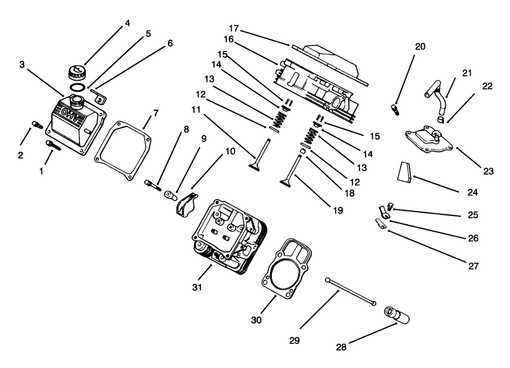 Cylinder Head, Valve & Breather Diagram and Parts List for 30610 390001 - 399999 Toro Lawn Tractor