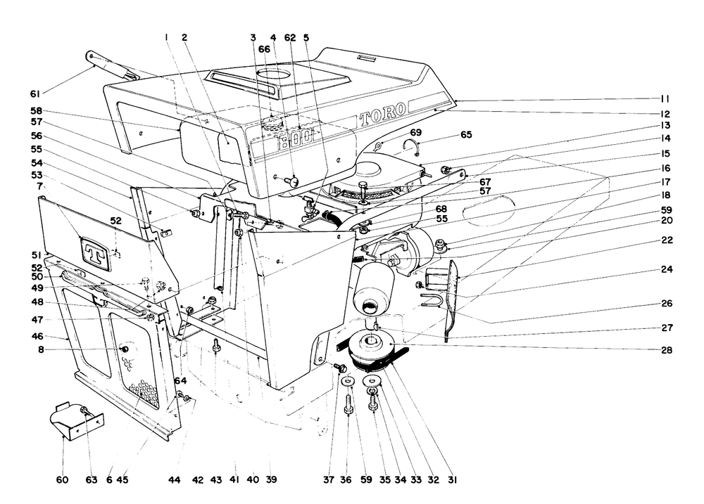 Hood And Engine Assembly Diagram and Parts List for 55051 0000001 - 0999999 Toro Lawn Tractor