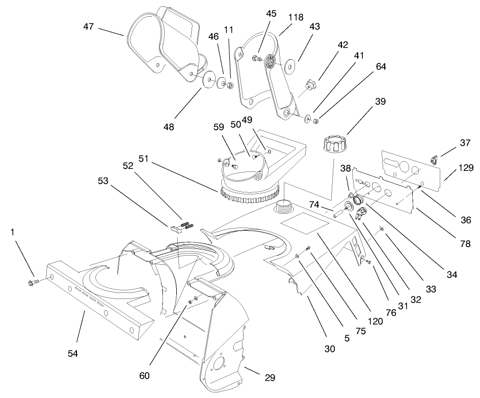 Chute Assembly Diagram and Parts List for 38176 7900001 - 7999999 Toro Snow Blower