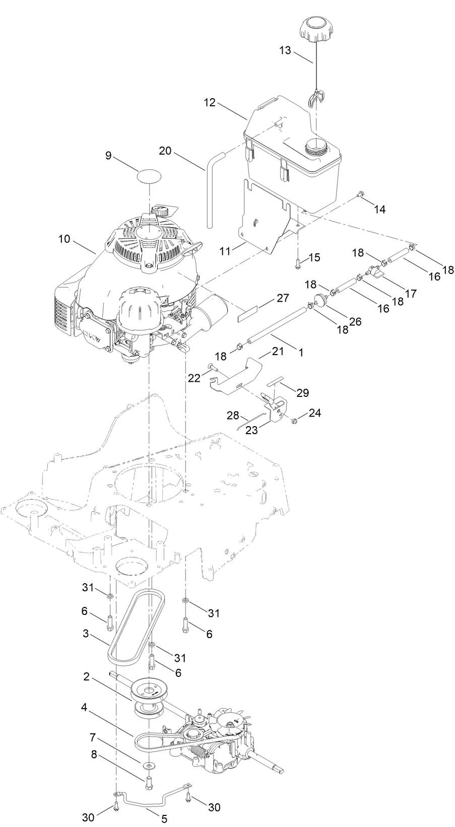 Engine And Fuel Tank  Assembly Diagram and Parts List for 22215 400000000-405319999 Toro Lawn Mower
