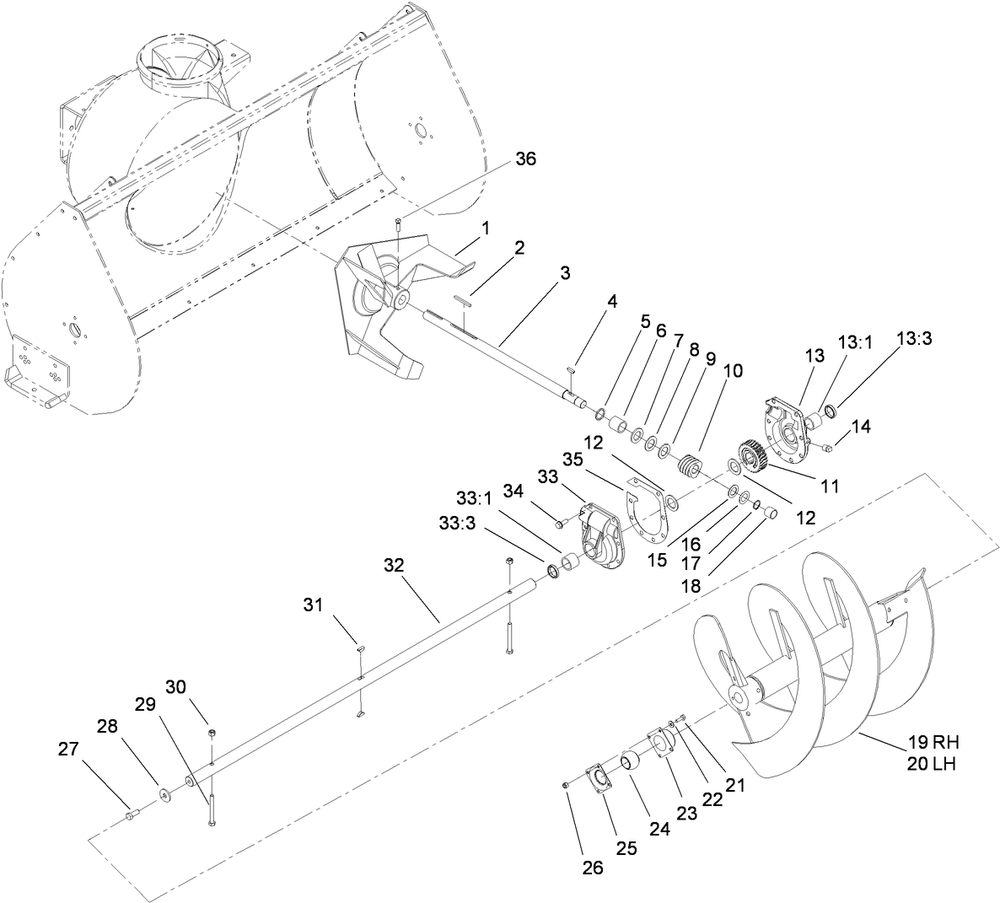 Auger And Gearcase Assembly Diagram and Parts List for 22456 400000000 - 401999999 Toro Snow Blower