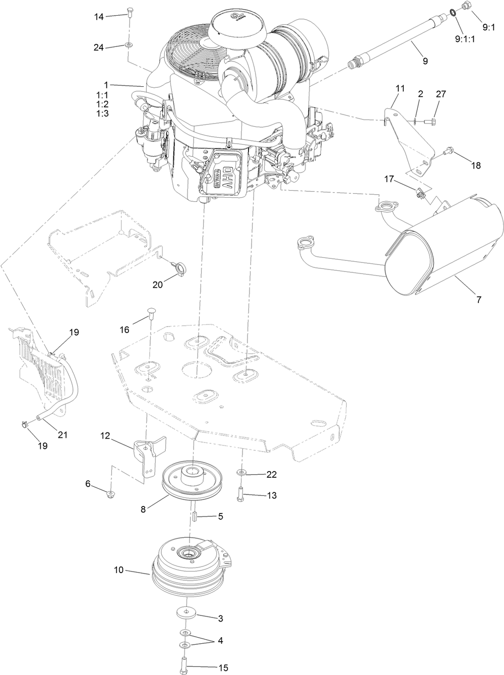 Engine, Clutch And Muffler Assembly Diagram and Parts List for 74952 402100000-403319824 Toro Lawn Mower