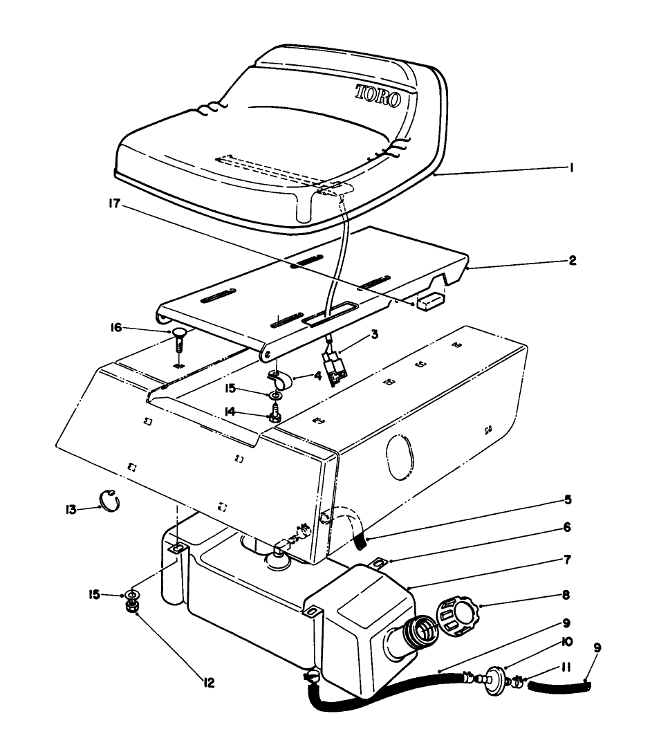 Seat & Gas Tank Assembly Diagram and Parts List for 56132 2000001 - 2999999 Toro Lawn Tractor