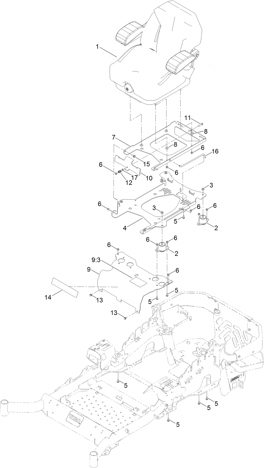 Seat Mounting Assembly Diagram and Parts List for 72906 412200000 - 999999999 Toro Lawn Tractor