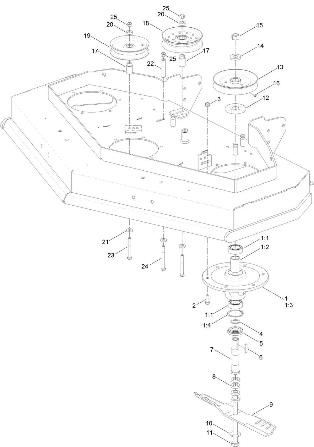 48 Inch Deck Spindle And Blade Assembly Diagram and Parts List for 2712 400000000 - 409999999 Toro Lawn Tractor Accessories