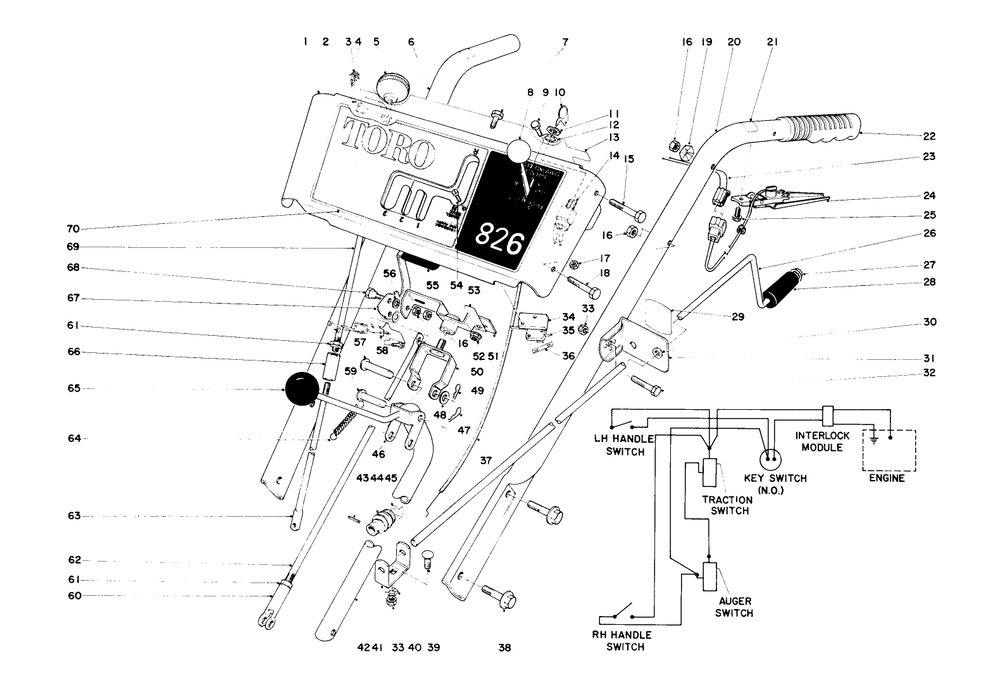 Handle Assembly Diagram and Parts List for 38150 5000001 - 5999999 Toro Snow Blower