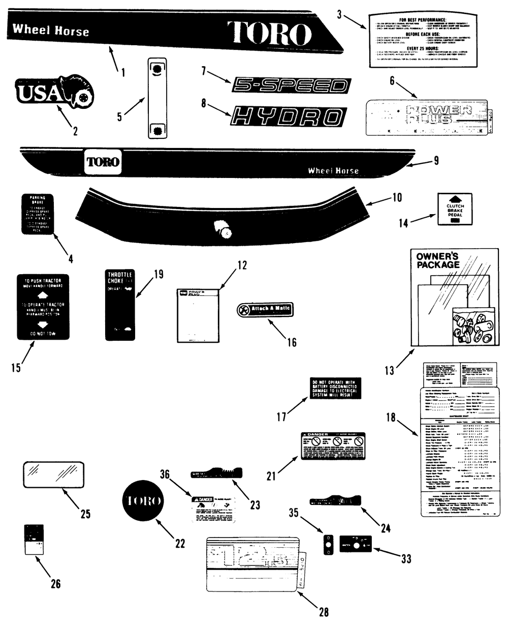 Decal & Miscellaneous Parts Assembly Diagram and Parts List for 32-10BE02 1000001 - 1999999 Toro Lawn Tractor