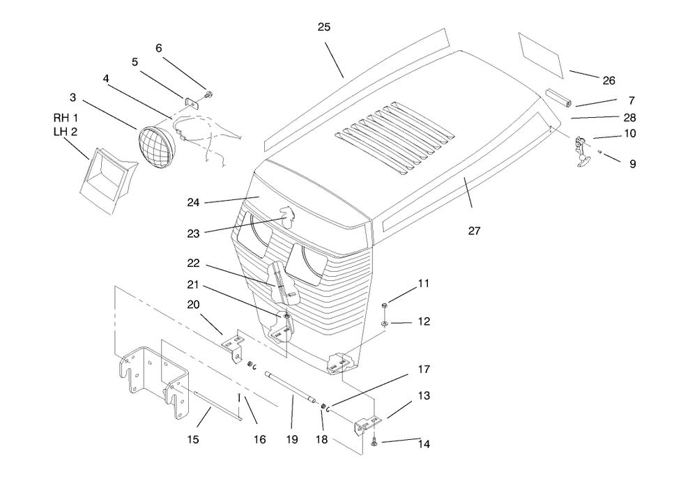 Hood Assembly Diagram and Parts List for 73402 7900001 - 7999999 Toro Lawn Tractor