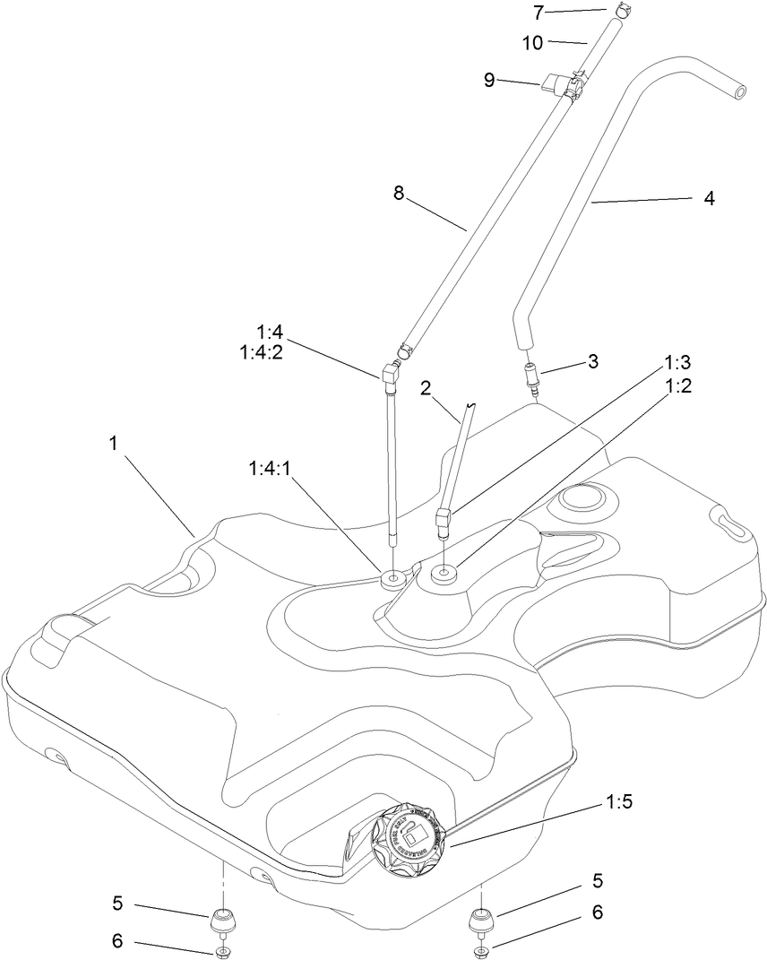 Fuel Tank And Hose Assembly Diagram and Parts List for 74141TE (312000001-312999999)(2012) Toro Lawn Mower