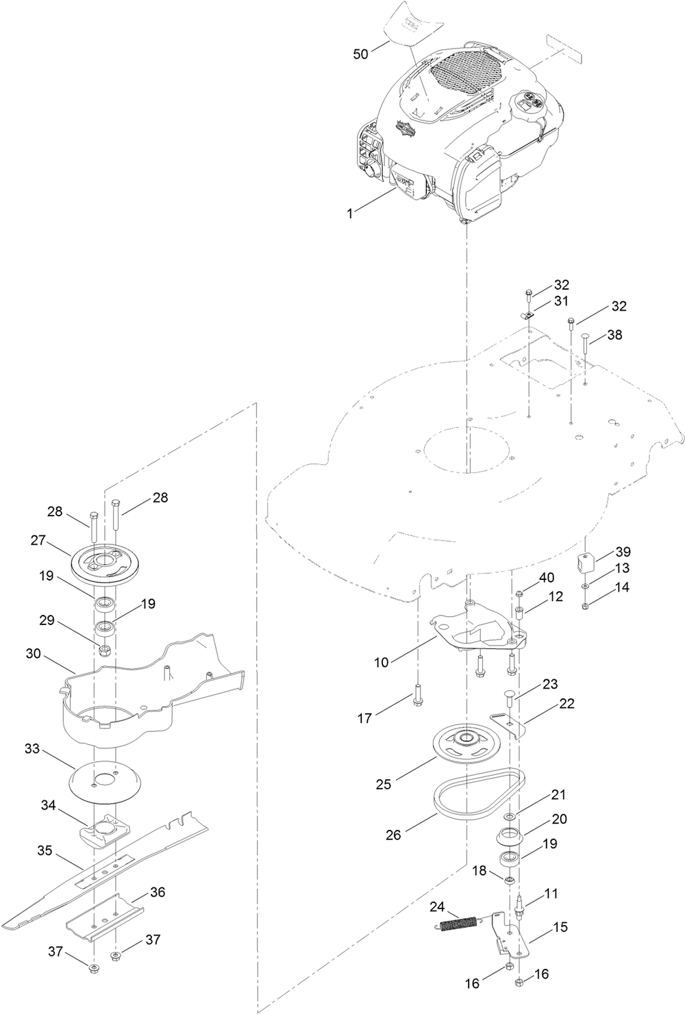Engine And Blade Assembly Diagram and Parts List for 21764 400000000 - 409999999 Toro Lawn Mower