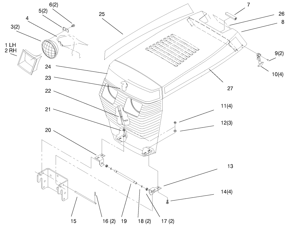 Hood And Grille Diagram and Parts List for 73403 6900001 - 6999999 Toro Lawn Tractor
