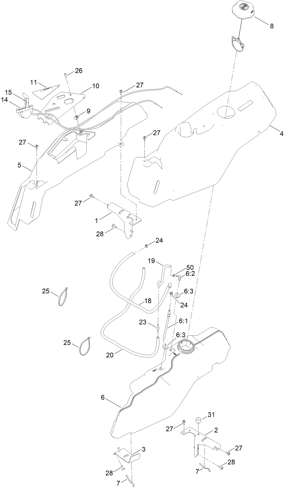 Fuel Pod Assembly Diagram and Parts List for 77404 400000000 - 999999999 Toro Lawn Tractor