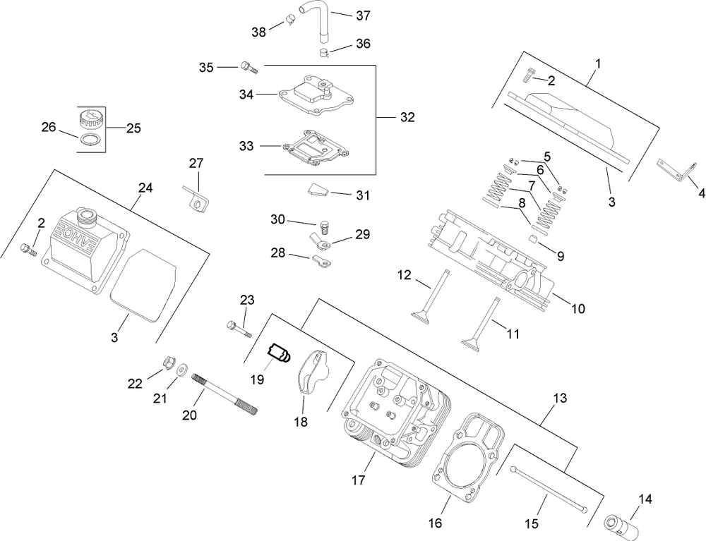 Head / Valve / Breather Assembly Diagram and Parts List for 74291 (280000001-280999999)(2008) Toro Lawn Mower