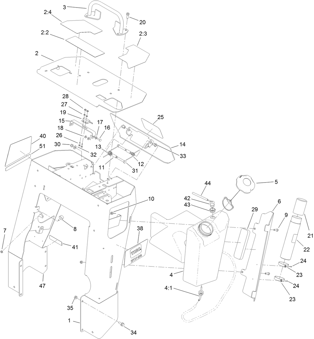 Tower And Fuel Tank Assembly Diagram and Parts List for 23208HD 400000000 - 999999999 Toro Stump Grinder