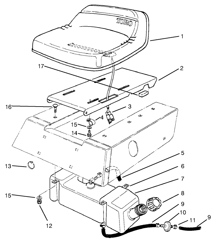 Seat & Gas Tank Assembly Diagram and Parts List for 70040 39000001 - 39999999 Toro Lawn Tractor
