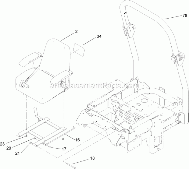 Seat And Roll-Over-Protection-System Assembly Diagram and Parts List for 74239 250000001-250999999 Toro Lawn Mower