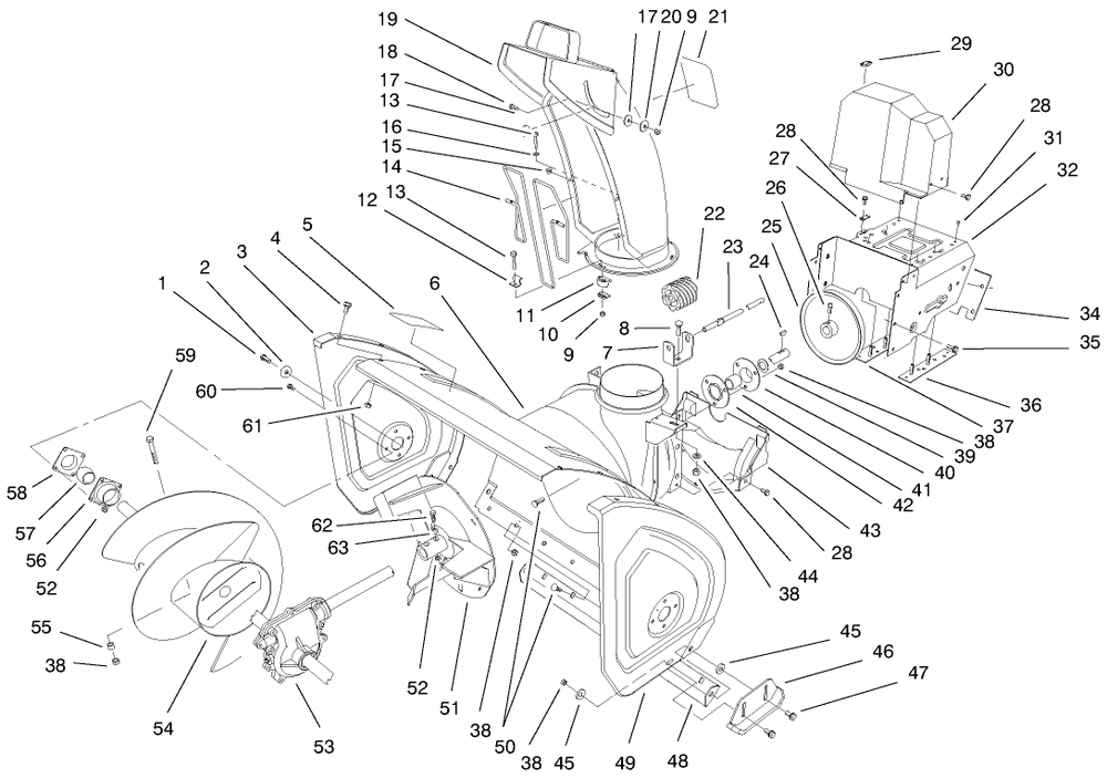 Housing Assembly Diagram and Parts List for 38558 99000001 - 99999999 Toro Snow Blower