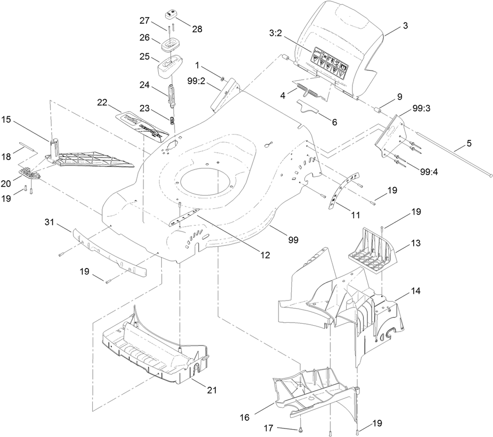 Deck Assembly Diagram and Parts List for 20950 316000001 - 316999999 Toro Lawn Mower