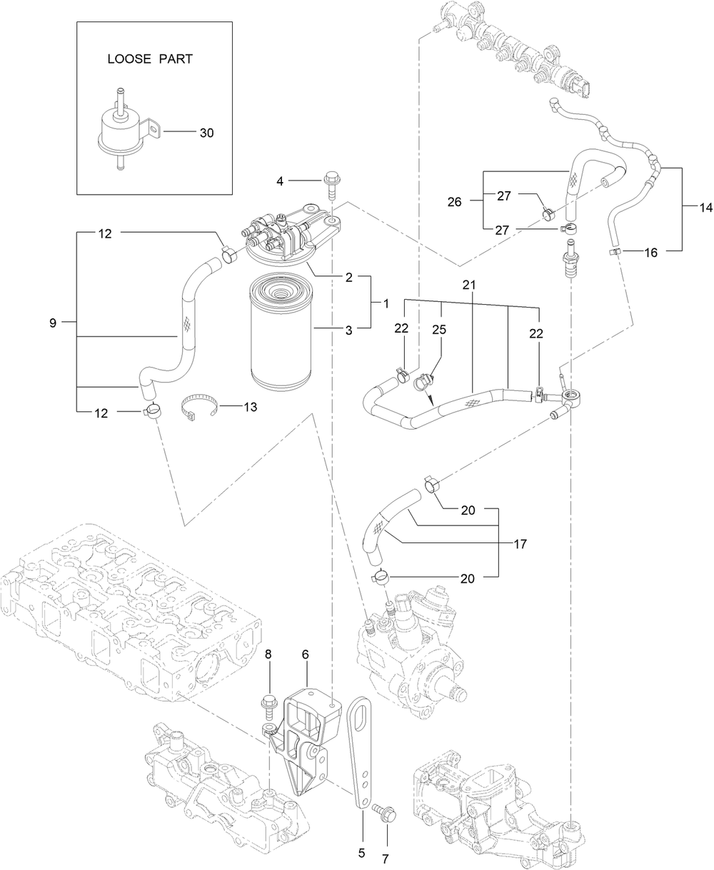 Fuel Line Assembly Diagram and Parts List for 22370 413000000 - 414487256 Toro Lawn Tractor Accessories