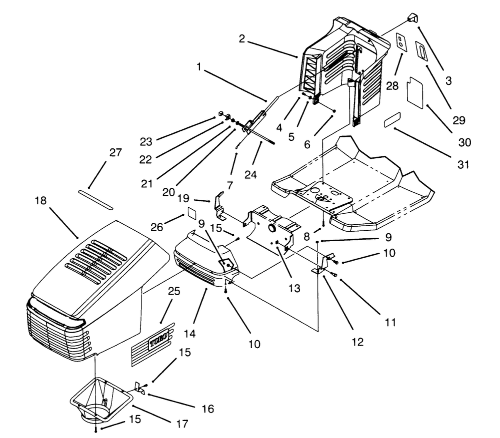Hood Assembly Diagram and Parts List for 71182 5910001 - 5999999 Toro Lawn Tractor