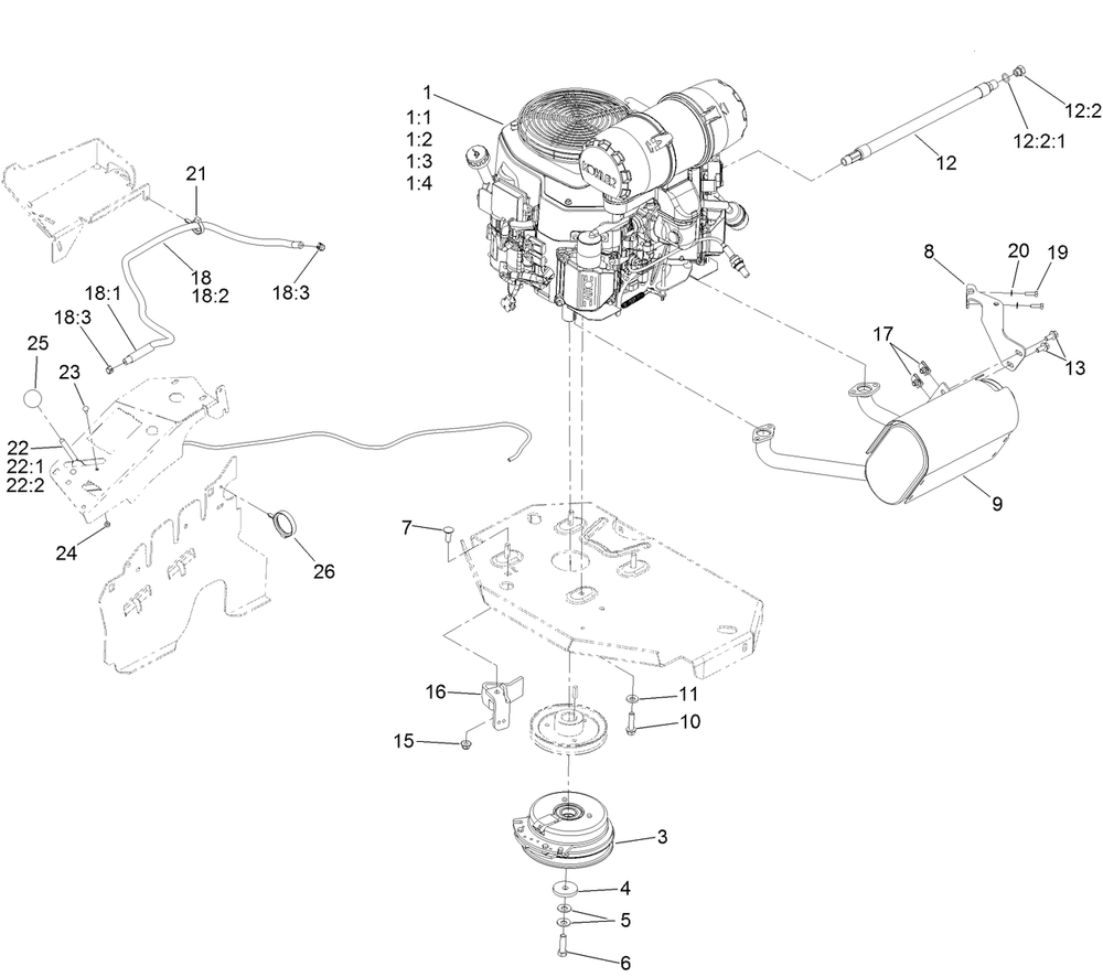 Engine, Clutch And Muffler Assembly Diagram and Parts List for 75951 402100000-403319952 Toro Lawn Mower