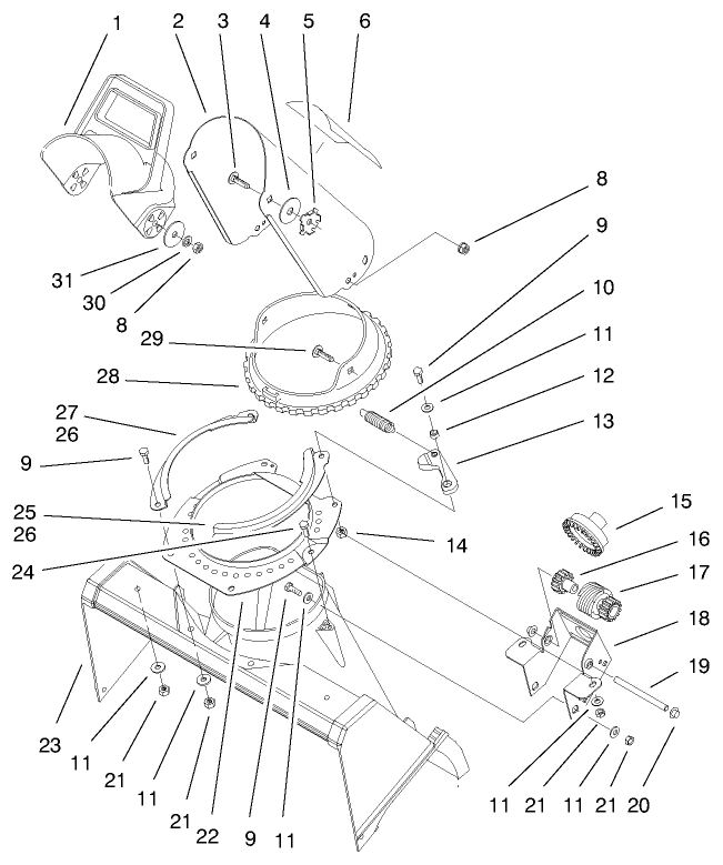 Deflector And Discharge Assembly Diagram and Parts List for 38432 9900001 - 9999999 Toro Snow Blower