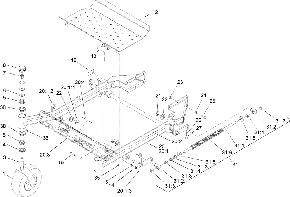Front Frame Assembly Diagram and Parts List for 74415 (250000001-250005000)(2005) Toro Lawn Mower