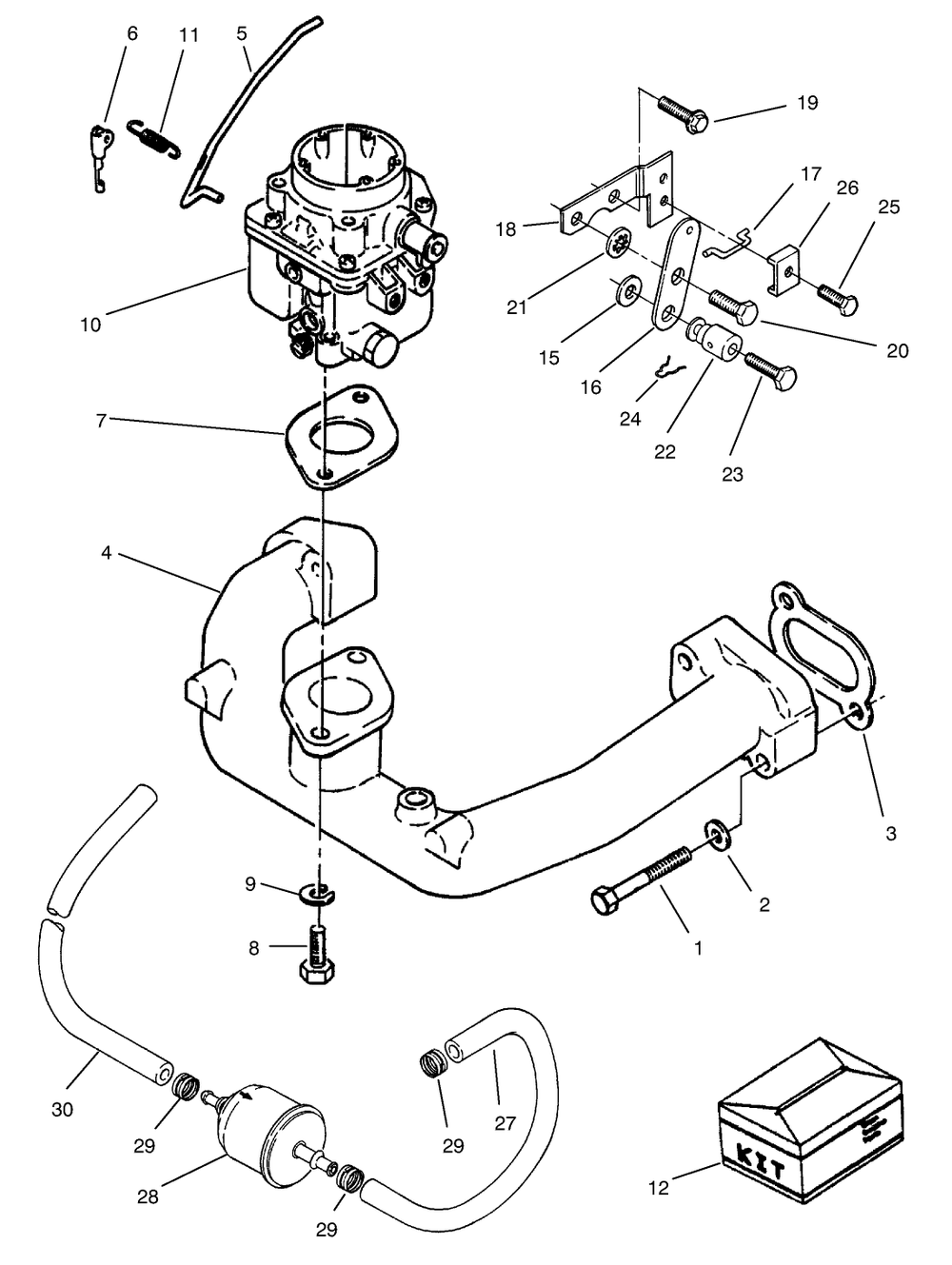 Carburetor & Intake Manifold Assembly Diagram and Parts List for 74101 690001 - 699999 Toro Lawn Tractor