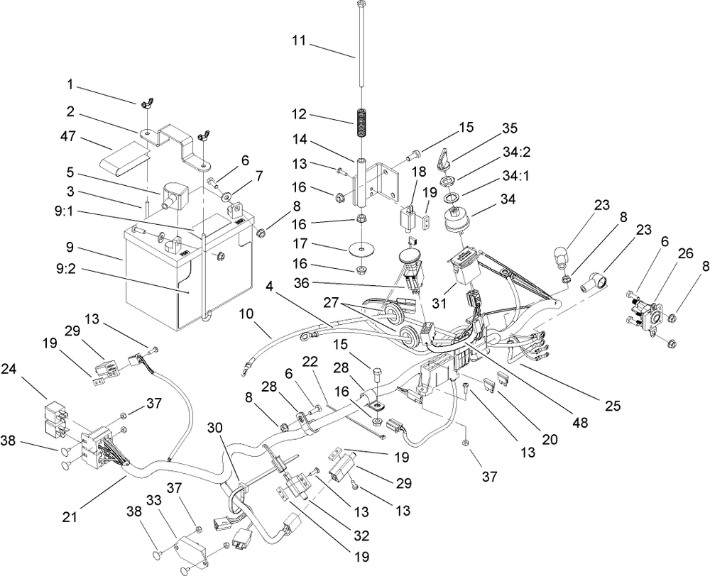 Electrical System Assembly Diagram and Parts List for 74415 (250000001-250005000)(2005) Toro Lawn Mower