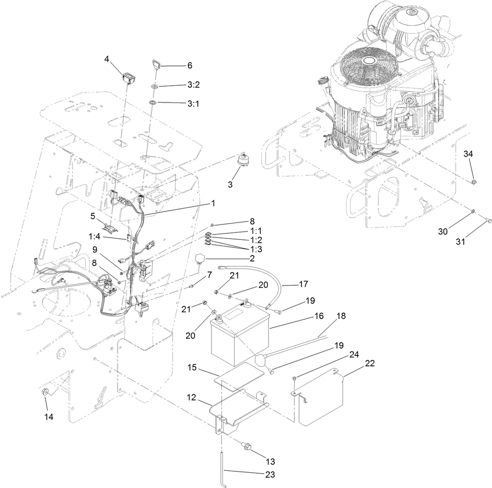 Battery And Wire Harness Assembly Diagram and Parts List for 22974 400000000 - 401999999 Toro Lawn Tractor Accessories