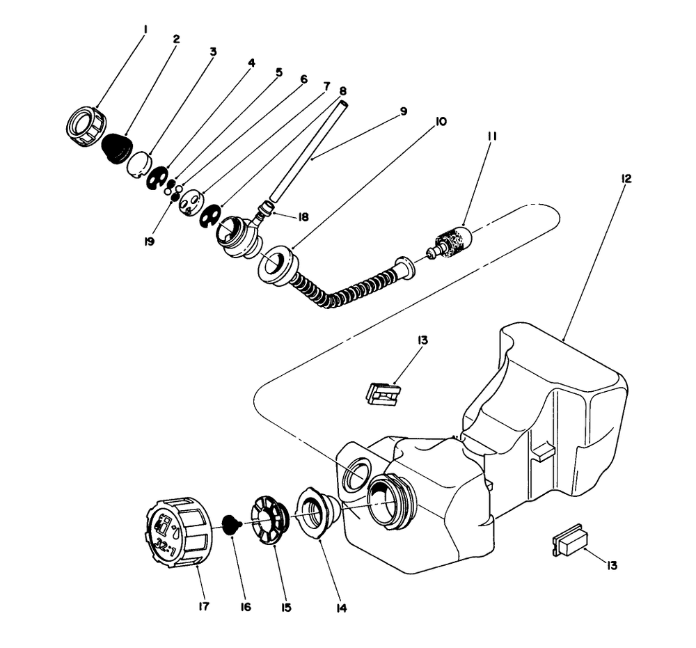 Fuel Tank Assembly Diagram and Parts List for 51642 7000001 - 7999999 Toro Trimmer