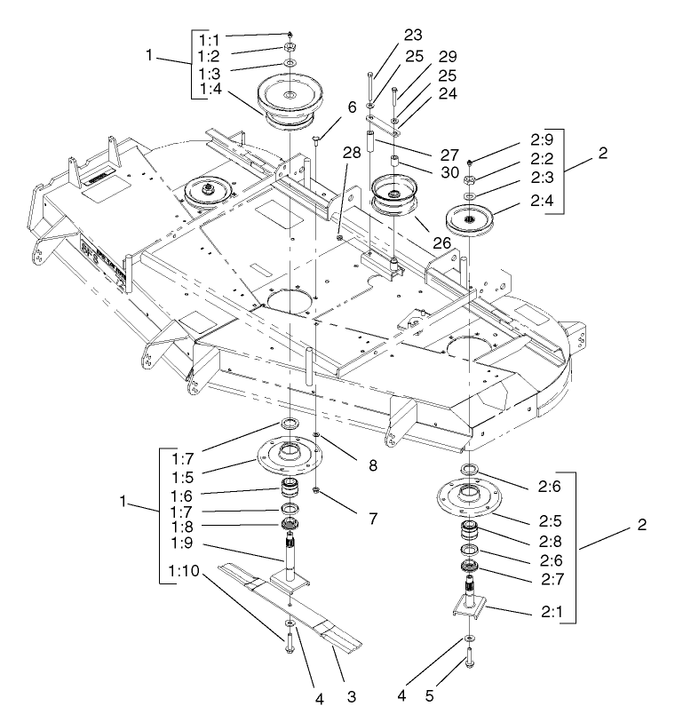Deck, Pulley And Deflector Assembly Diagram and Parts List for 74214 (230000001-230006000)(2003) Toro Lawn Mower