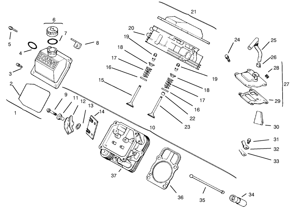 Cylinder Head, Valve & Breather Diagram and Parts List for 30612 990001 - 999999 Toro Lawn Tractor