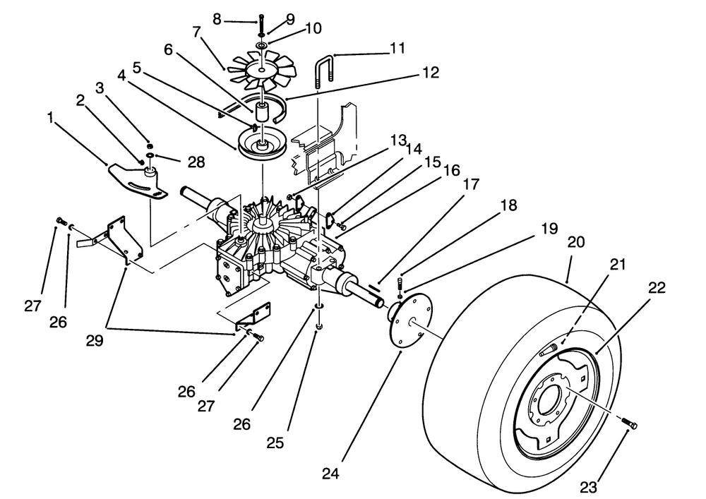 Rear Wheel And Transmission Assembly Diagram and Parts List for 72041 3900001 - 3999999 Toro Lawn Tractor