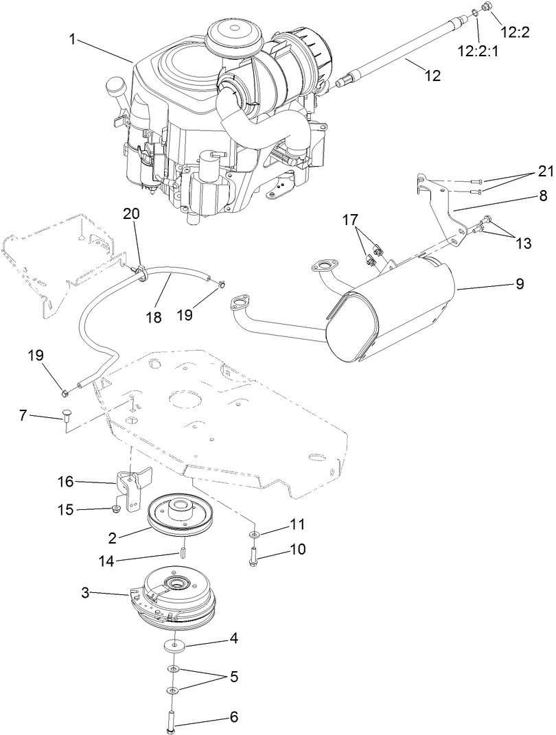 Engine, Muffler And Clutch Assembly Diagram and Parts List for 74923TE (313000001-313999999)(2013) Toro Lawn Mower