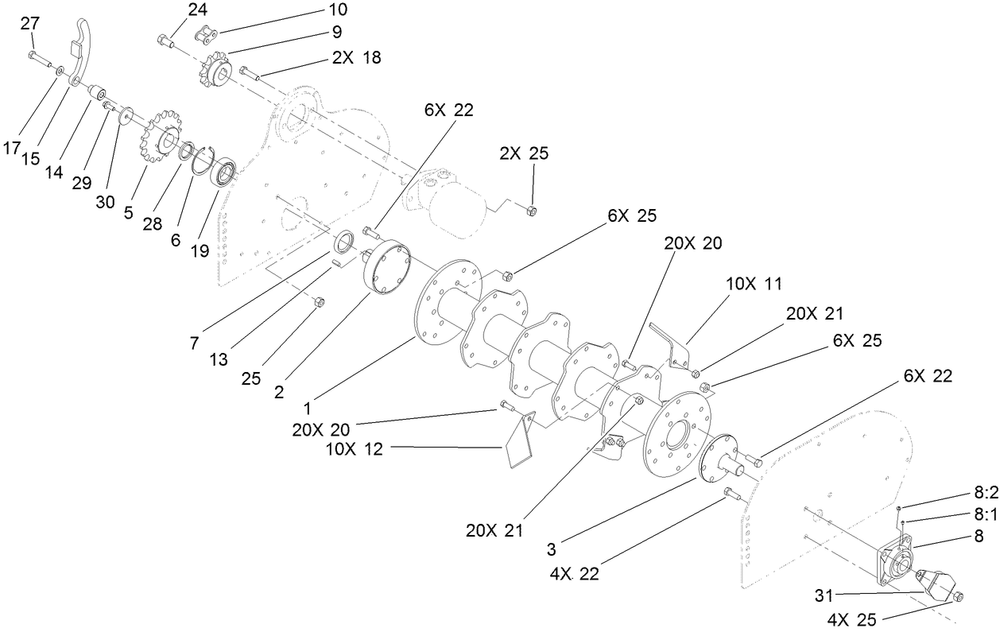 Rotor Blade Drive Assembly Diagram and Parts List for 23102 318000001 - 318999999 Toro Cultivator