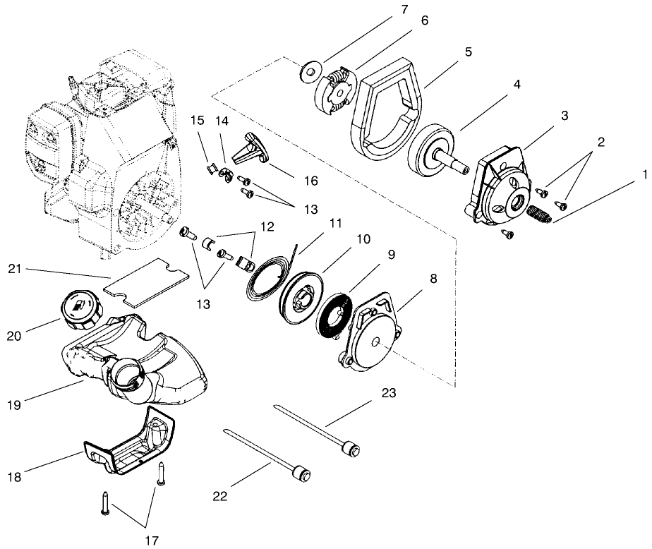 Clutch, Starter Module & Fuel Tank Assemblies Diagram and Parts List for 51927 79000001 - 79999999 Toro Trimmer