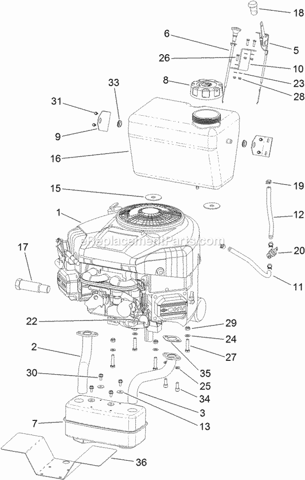 Engine And Muffler Assembly Diagram and Parts List for 74596 312000001-312999999 Toro Lawn Mower