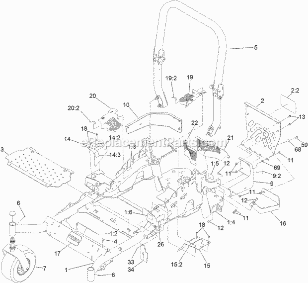 Frame And Caster Wheel Assembly Diagram and Parts List for 74940 313000001-313999999 Toro Lawn Mower
