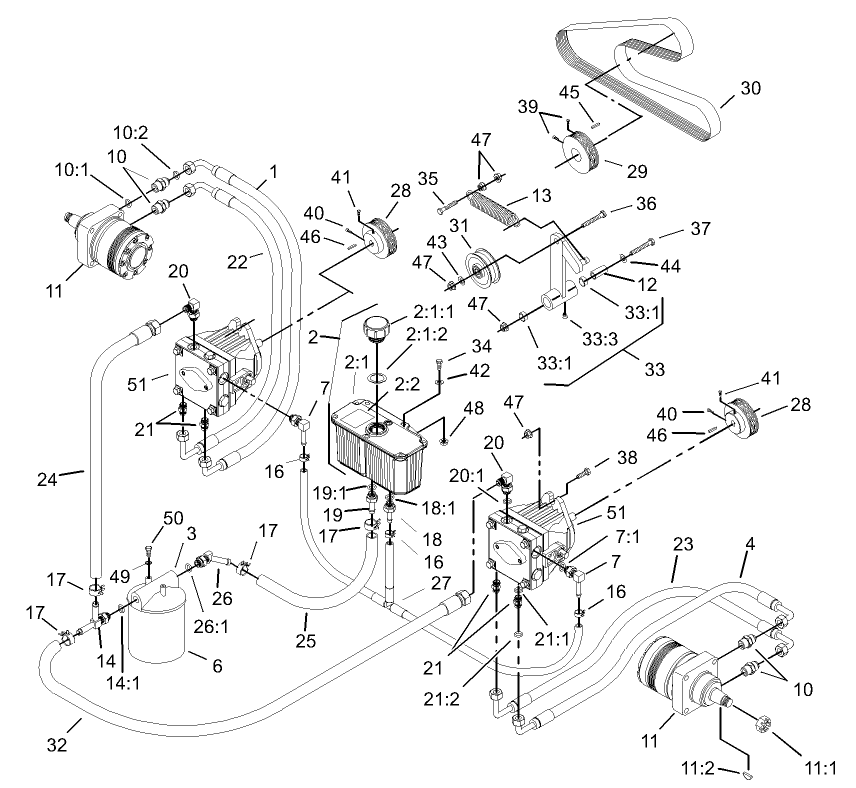 Hydraulic System Assembly Diagram and Parts List for 74213 (230006001-230999999)(2003) Toro Lawn Mower