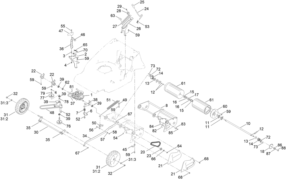 Traction And Height-Of-Cut Assembly Diagram and Parts List for 02657 407000000-410069999 Toro Lawn Mower