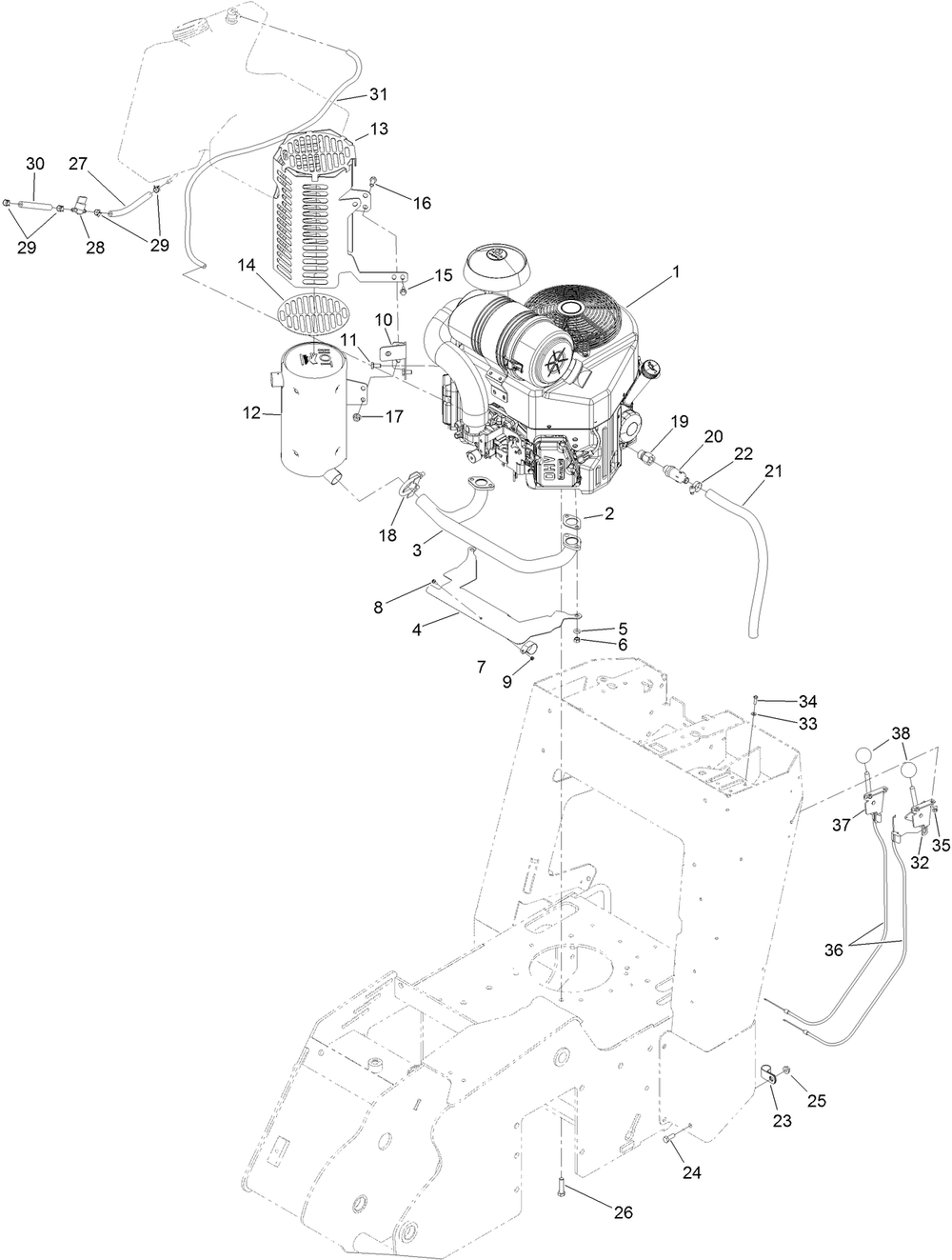 Engine, Muffler And Fuel Line Assembly Diagram and Parts List for 22974 400000000 - 401999999 Toro Lawn Tractor Accessories