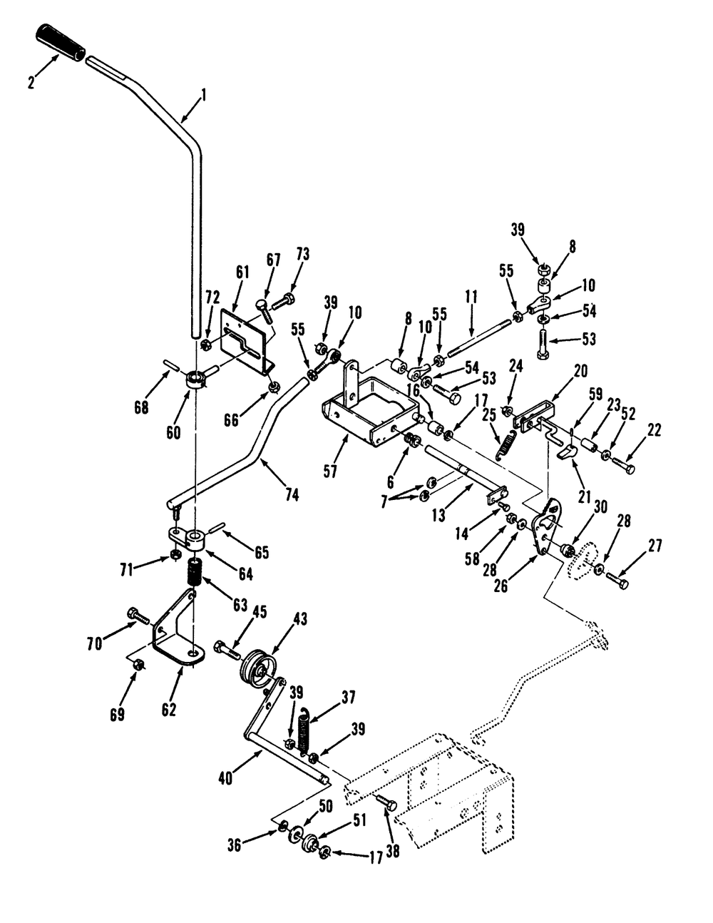 Clutch, Brake And Speed Control Linkage Diagram and Parts List for 73520 39000001 - 39999999 Toro Lawn Tractor