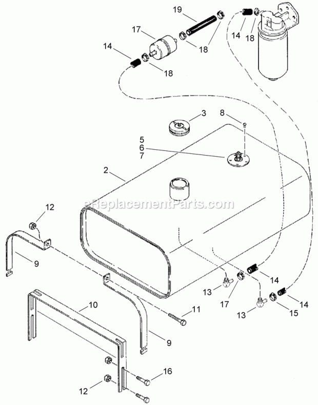 Fuel Tank And Fuel Line Assembly Diagram and Parts List for 2011  Toro Lawn Tractor Accessories