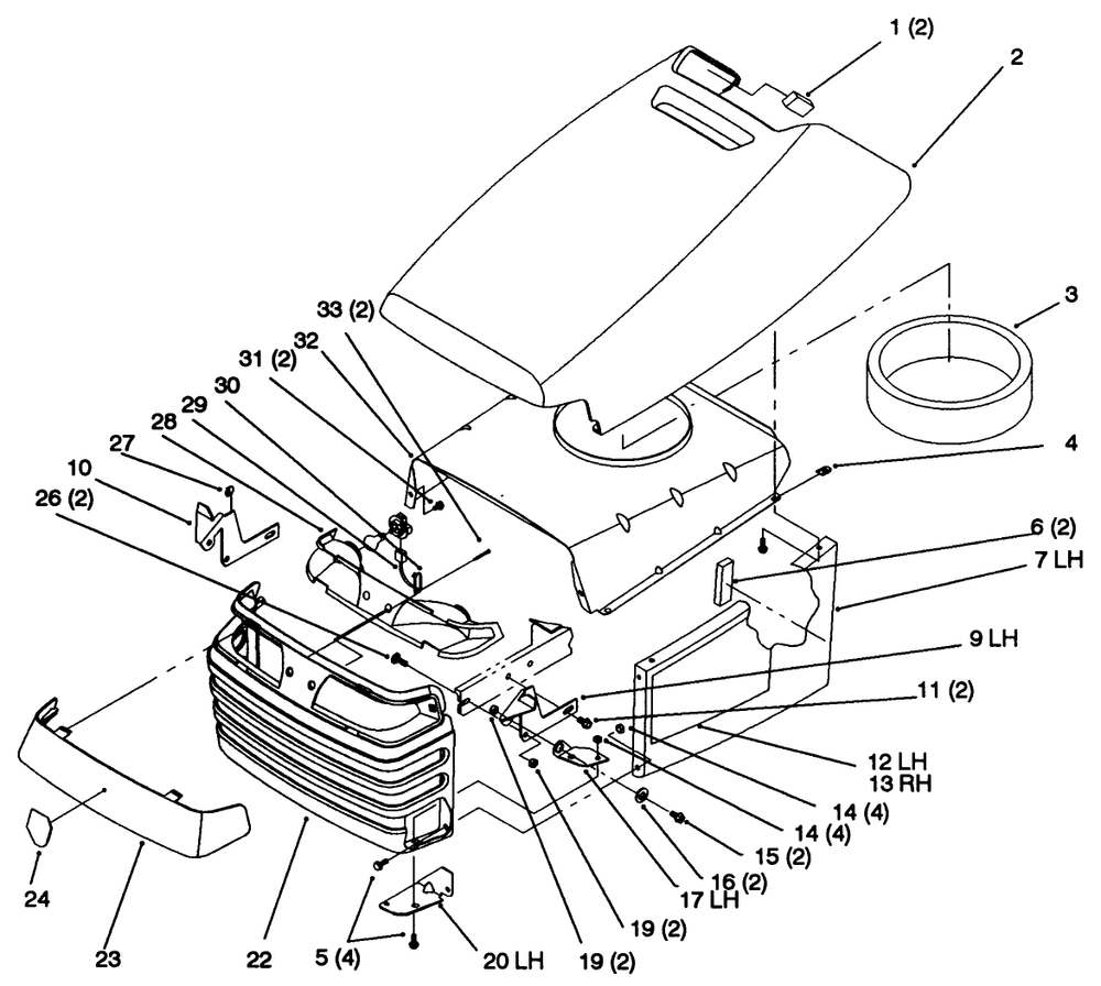 Hood And Grill Diagram and Parts List for 72102 6900001 - 6999999 Toro Lawn Tractor