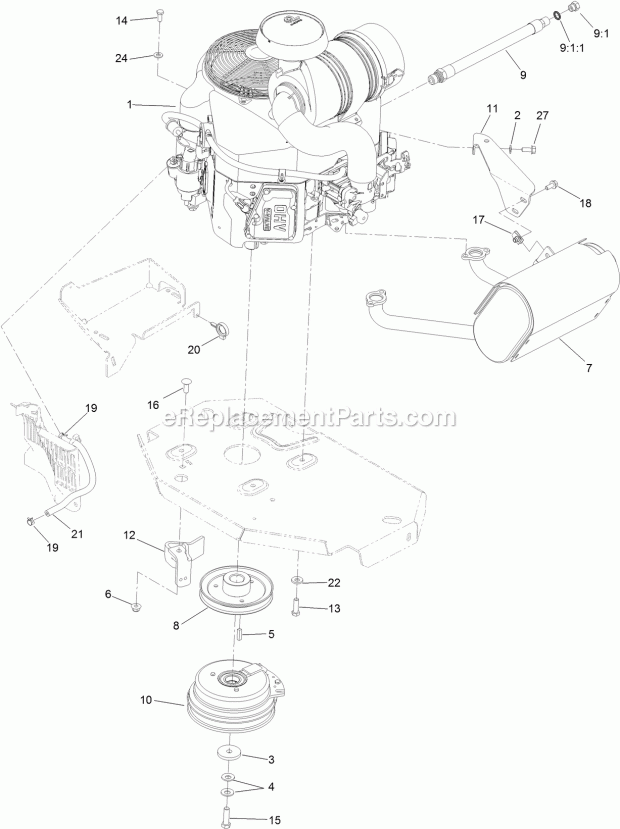 Engine, Clutch And Muffler Assembly Diagram and Parts List for 74953 315000001-315999999 Toro Lawn Mower